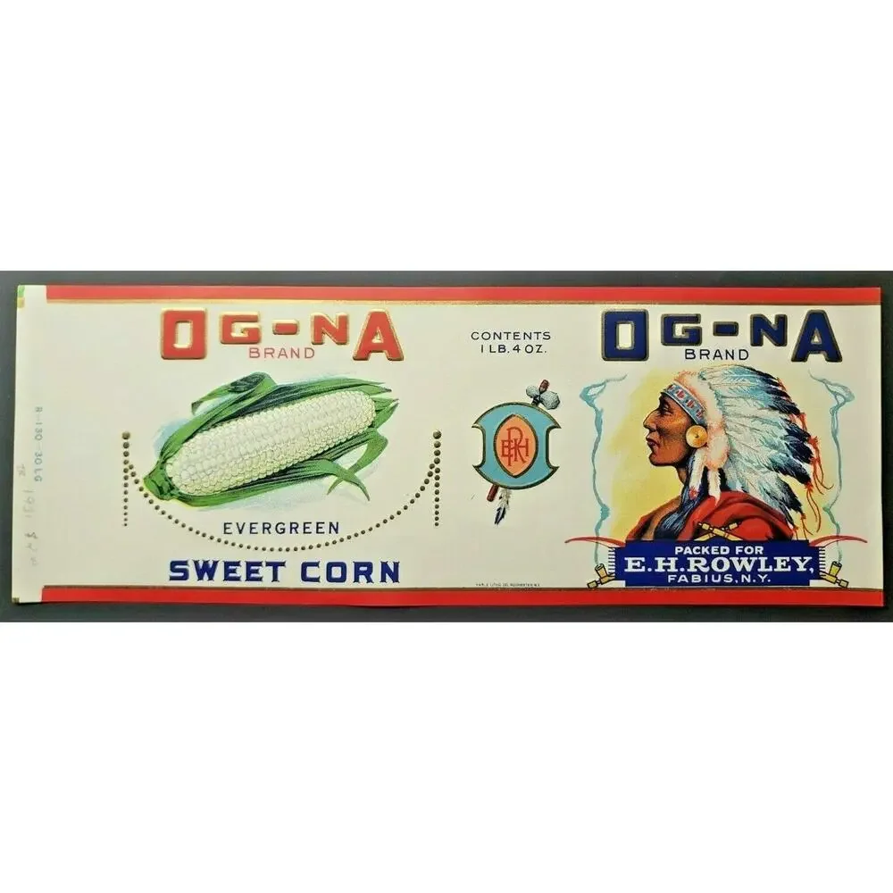 Vintage OG-NA Brand Sweet Corn Beans E.H. Rowley‎ Fabius, NY 1940s Can Label Z2